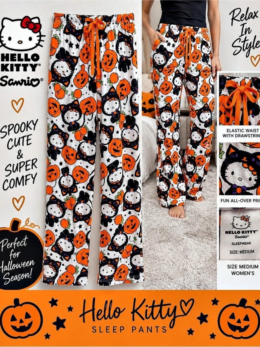 Hello Kitty Halloween Sleep Pants Halloween Pajama Pants Orange Black Size